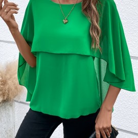 Solid Layered Cloak Sleeve Blouse, Versatile Crew Neck Blouse For Spring & Fall, Women's Clothing