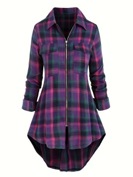 Plaid Print Zip Front Polo Collar Blouse, Casual Pocket Long Sleeve Blouse For Spring & Fall, Women's Clothing