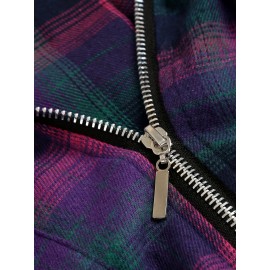 Plaid Print Zip Front Polo Collar Blouse, Casual Pocket Long Sleeve Blouse For Spring & Fall, Women's Clothing