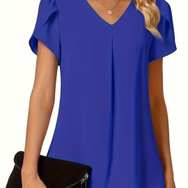 Solid V-neck Petal Sleeve Blouse, Versatile Simple Blouse For Spring & Summer, Women's Clothing