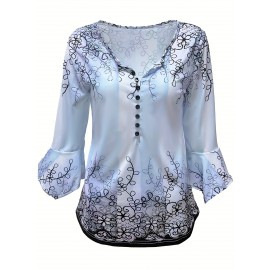 Floral Print Button Blouse, Casual Ruffle Trim Half Sleeve Blouse, Women's Clothing