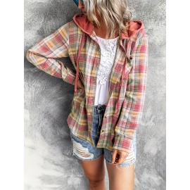 Plaid Print Hooded Shirt, Casual Long Sleeve Drawstring Shirt, Women's Clothing