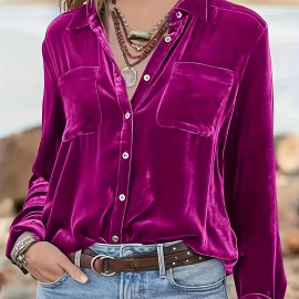 Solid Patched Pockets Velvet Shirt, Vintage Long Sleeve Shirt For Spring & Fall, Women's Clothing