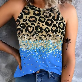 Leopard Print Halter Tank Top, Casual Sleeveless Tank Top For Summer, Women's Clothing