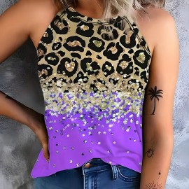Leopard Print Halter Tank Top, Casual Sleeveless Tank Top For Summer, Women's Clothing
