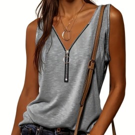 Half Zip Solid Tank Top, Casual Sleeveless Summer Tank Top, Women's Clothing