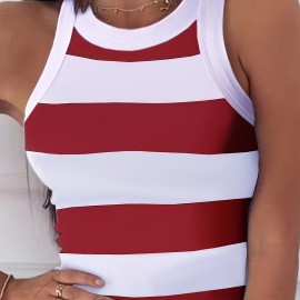 Slim Striped Tank Top, Sleeveless Crew Neck Tank Top, Casual Every Day Tops, Women's Clothing