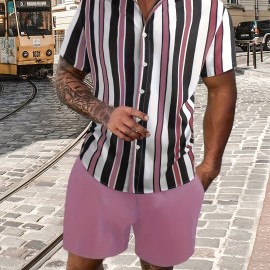 2pcs Men's Stripe Pattern Color Block Short Sleeve Button Shirt & Loose Shorts, Men's Casual Outfit For Summer Vacation