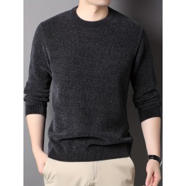 Men's Stylish Solid Knitted Pullover, Casual High Stretch Breathable Long Sleeve Crew Neck Top For City Walk Street Hanging Outdoor Activities