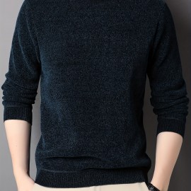 Men's Stylish Solid Knitted Pullover, Casual High Stretch Breathable Long Sleeve Crew Neck Top For City Walk Street Hanging Outdoor Activities