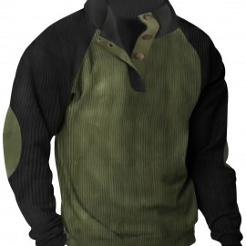 Men's Color Block Half Button Up Stand Collar Sweatshirt For Men Retro Corduroy Sweatshirts For Winter Fall Long Sleeve Tops