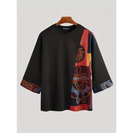 Men's Loose Vintage Ethnic Pattern Floral Printed Crew Neck T-shirt Casual Tee 3/4 Sleeve Summer Beach Tops Chinese Vintage Streetwear