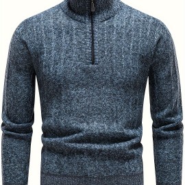 Turtle Neck With Zipper Knitted Texture Sweater, Men's Casual Warm Solid Color Mid Stretch Pullover Sweater For Fall Winter