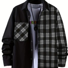 Plaid Pattern Men's Casual Thin Long Sleeve Color Block Button Up Shirt With Chest Pocket, Male Clothes For Summer Spring And Fall