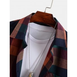 Men's Plaid Turndown Collar Short Sleeve Shirt, Trendy Comfy Shirt For Spring Summer Autumn