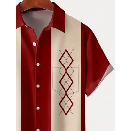 Vintage Style Geometric Print Men's Casual Short Sleeve Shirt With Chest Pocket, Men's Shirt For Summer Vacation Resort, Tops For Men, Gift For Men