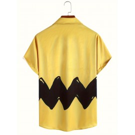 Trendy Comic Style Print Men's Casual Short Sleeve Shirt With Chest Pocket, Men's Shirt For Summer Vacation Resort, Tops For Men, Gift For Men