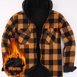 Plaid Pattern Men's Casual Thick Long Sleeve Hooded Shirt With Pockets, Men's Button Up Shirt For Fall Winter